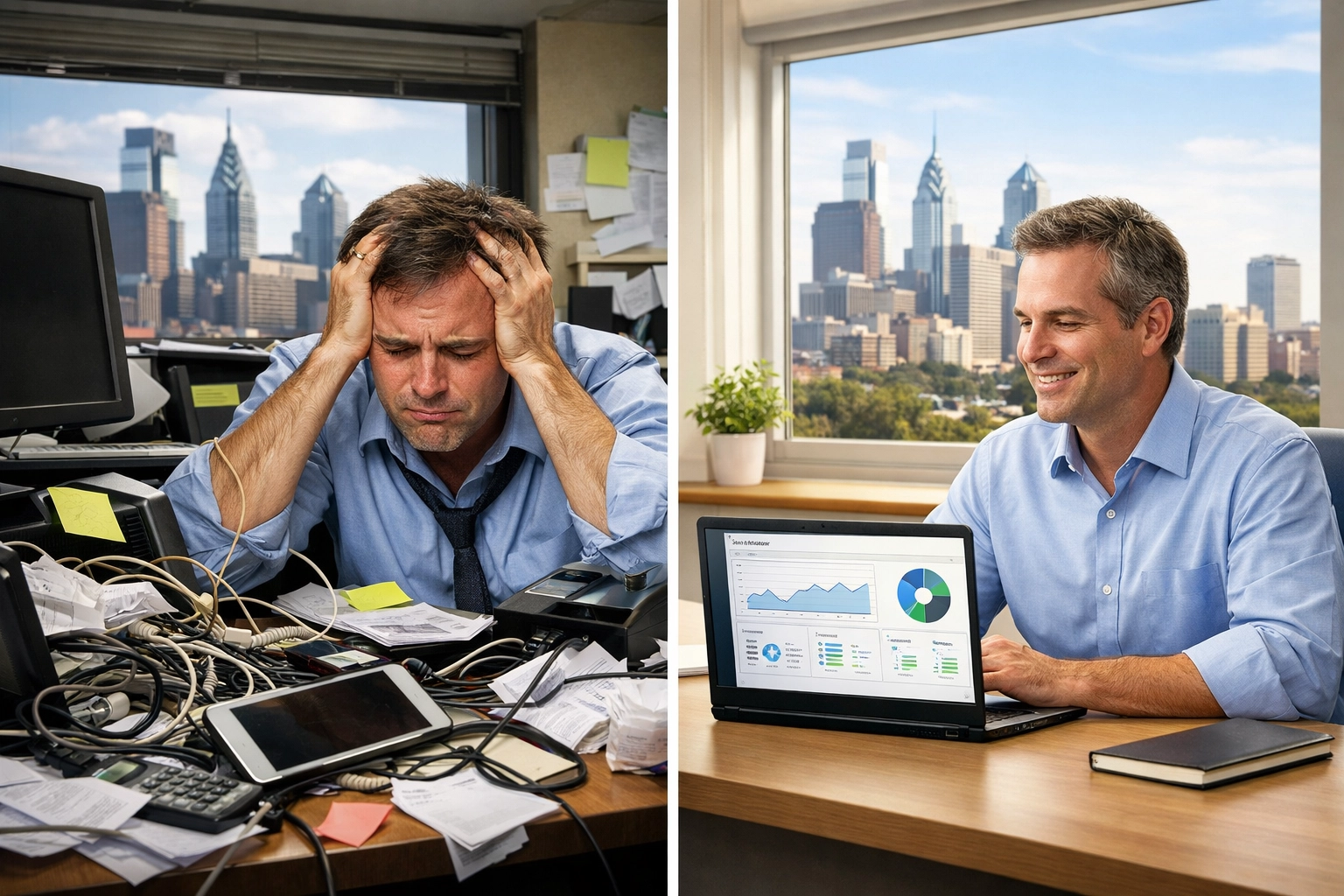 Before and after comparison of chaotic disconnected tools versus streamlined integrated business systems
