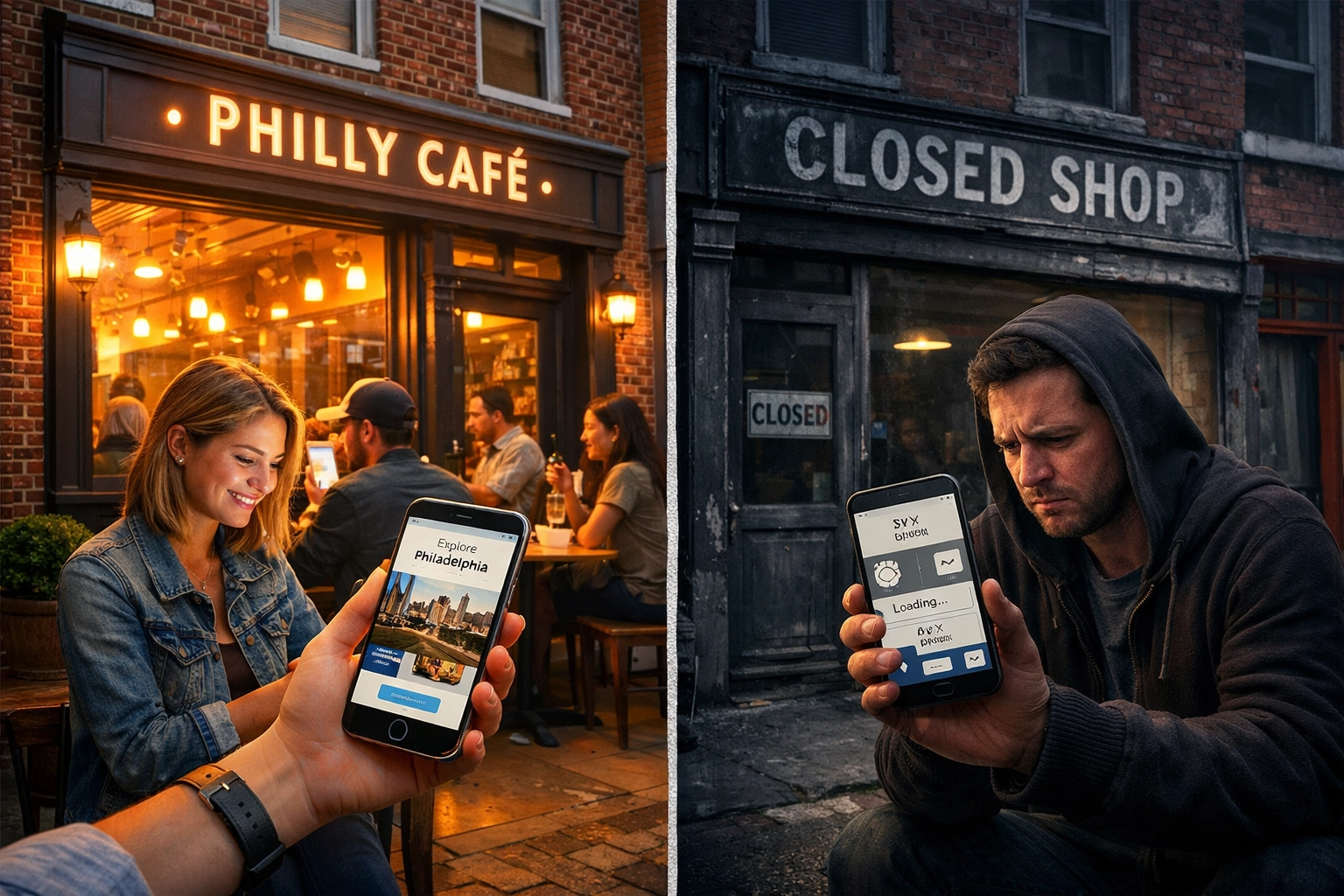 Philadelphia business comparing fast mobile website performance versus slow loading site