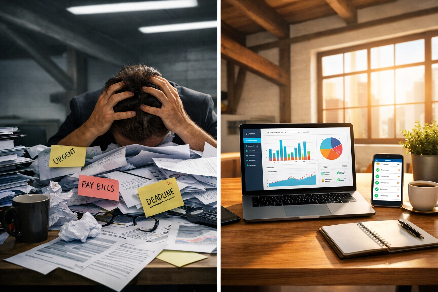 Before and after comparison of manual paperwork versus automated business dashboard