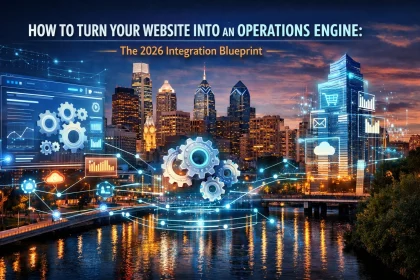 Digital integration concept over city skyline at dusk