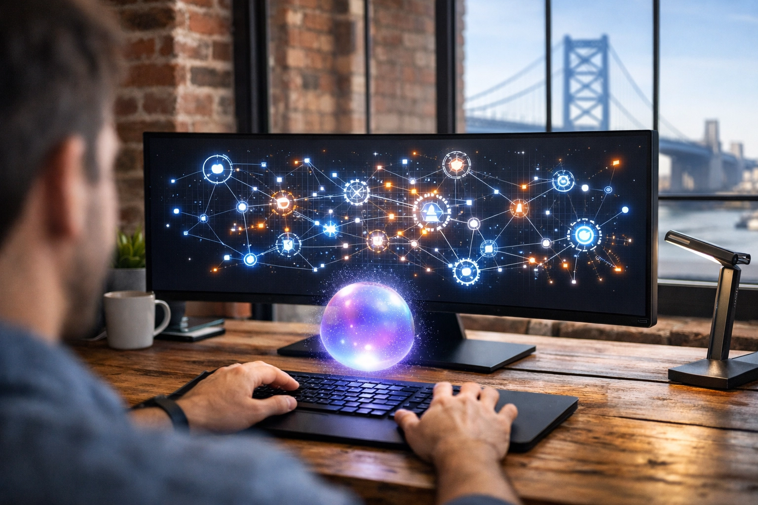 A modern Philadelphia office workspace showing a 2026 website tech stack and AI automation.