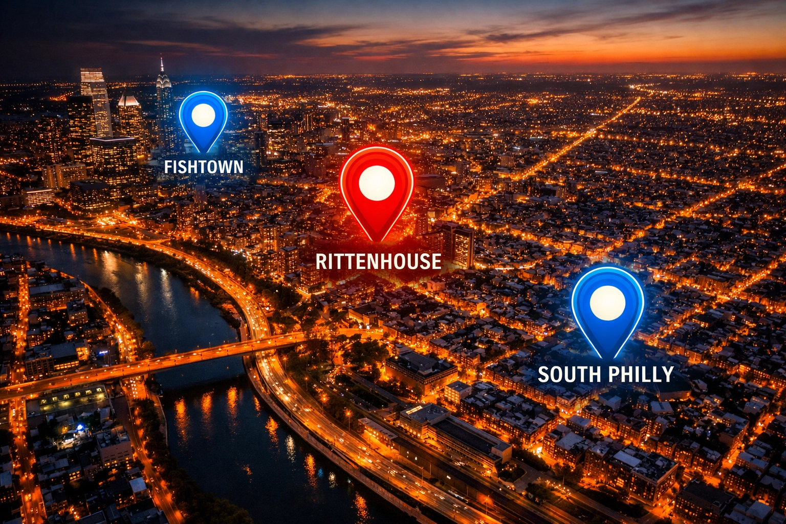 Philadelphia neighborhoods with Google Maps location pins showing local SEO map pack visibility