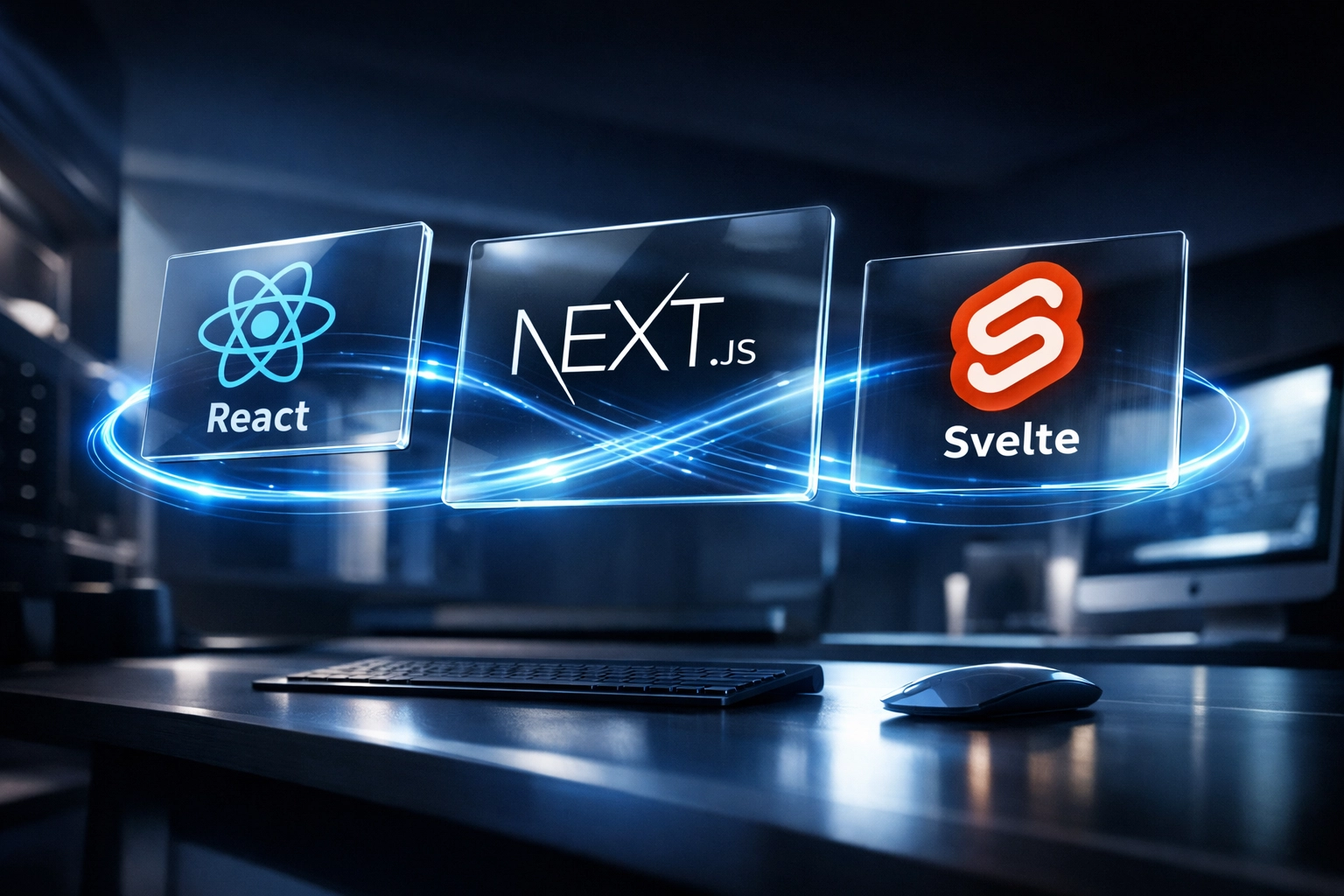 Modern web frameworks React, Next.js, and Svelte interconnected in 2026 website technology stack