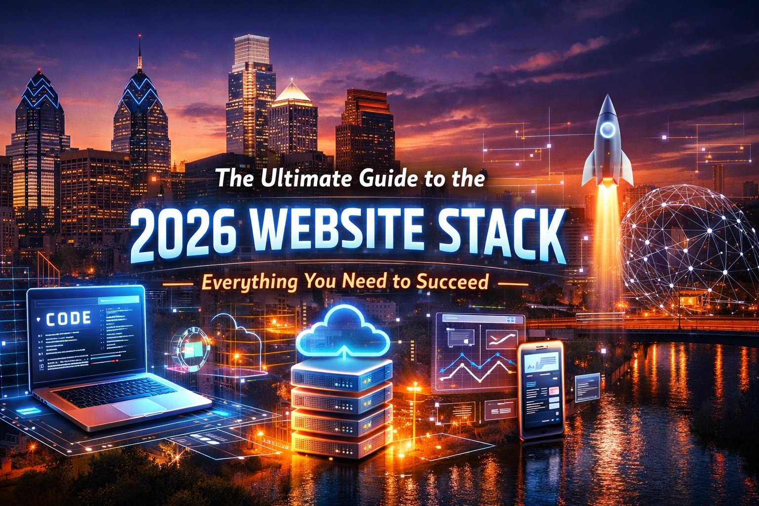 2026 website stack guide with tech cityscape
