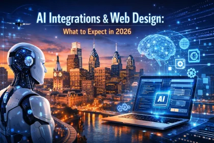 AI robot overlooking city with futuristic web design