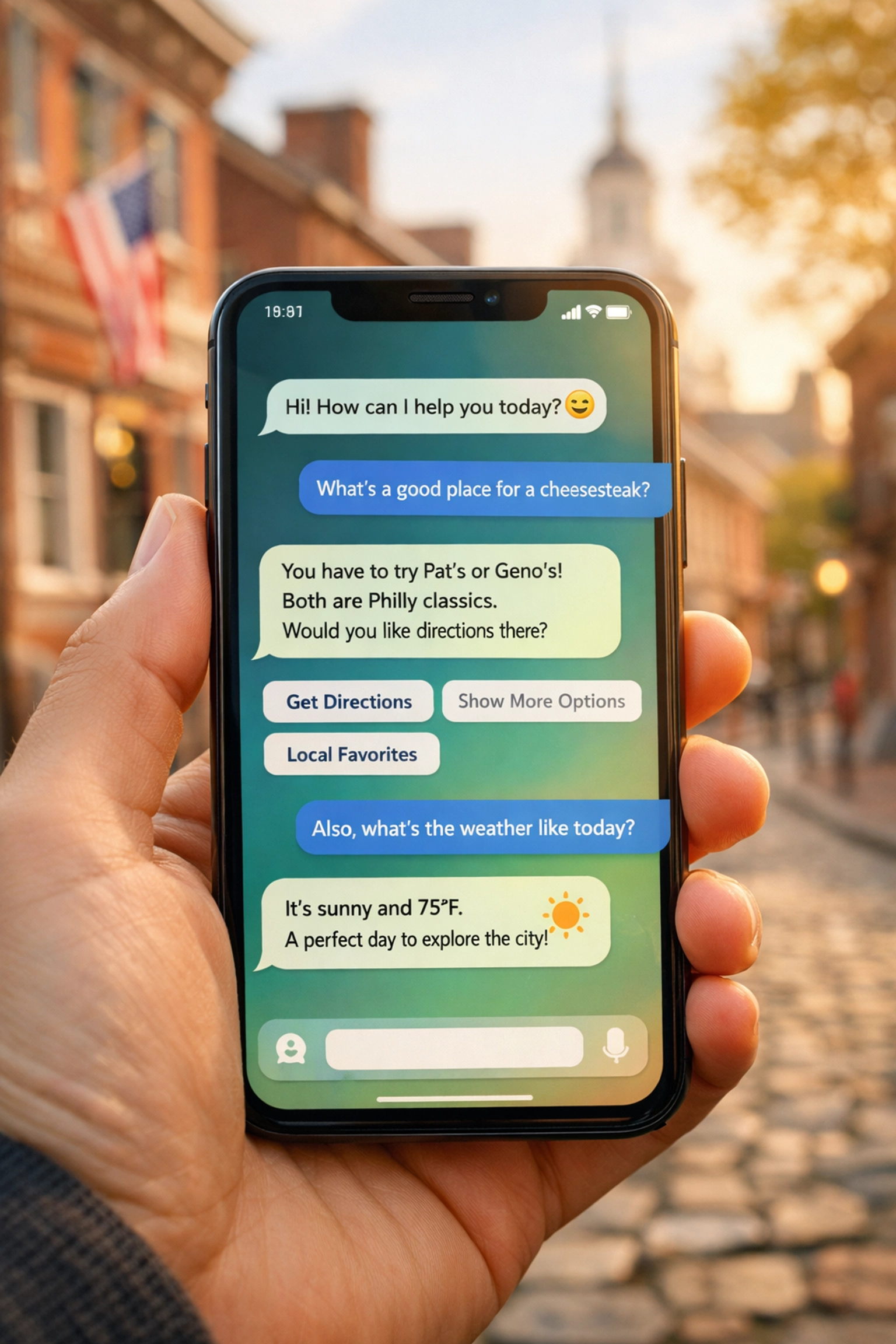 AI chatbot conversation interface on smartphone in Philadelphia business setting