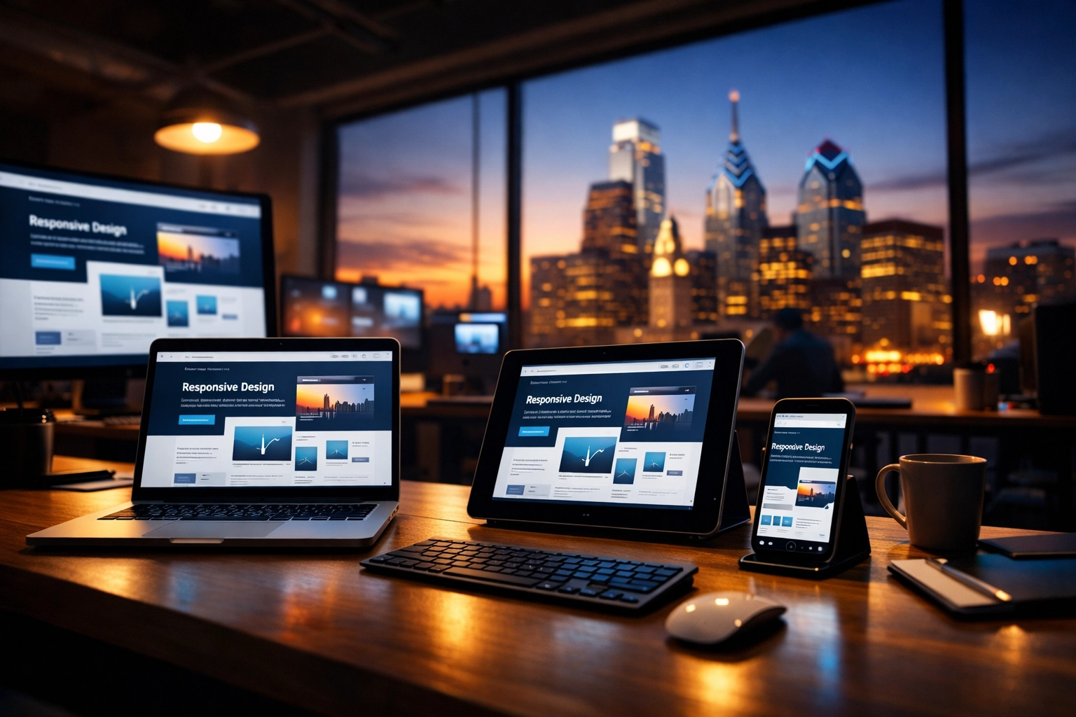 Responsive web design displayed across desktop, tablet, and mobile devices in modern office