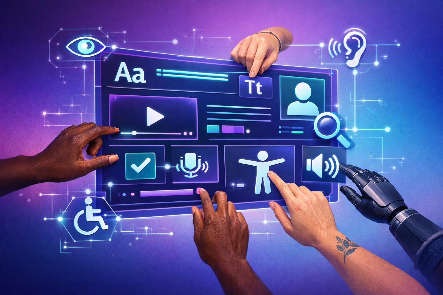 Diverse users interacting with accessible website interface featuring clear navigation