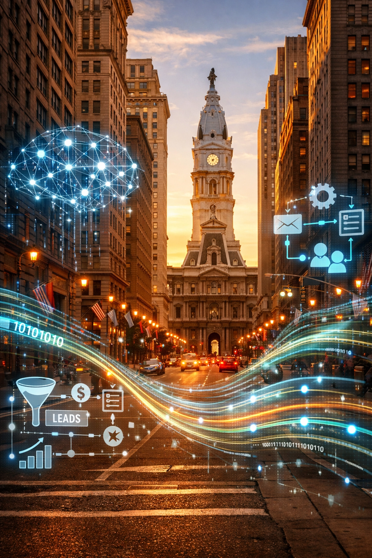Philadelphia cityscape with digital automation and data connection overlays for local businesses