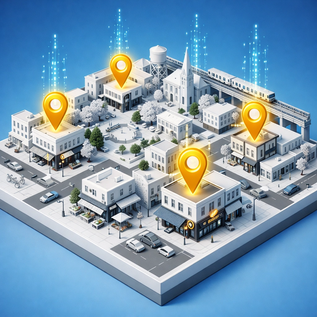 Local SEO map of Philadelphia neighborhoods showing businesses ranking with glowing location pins.