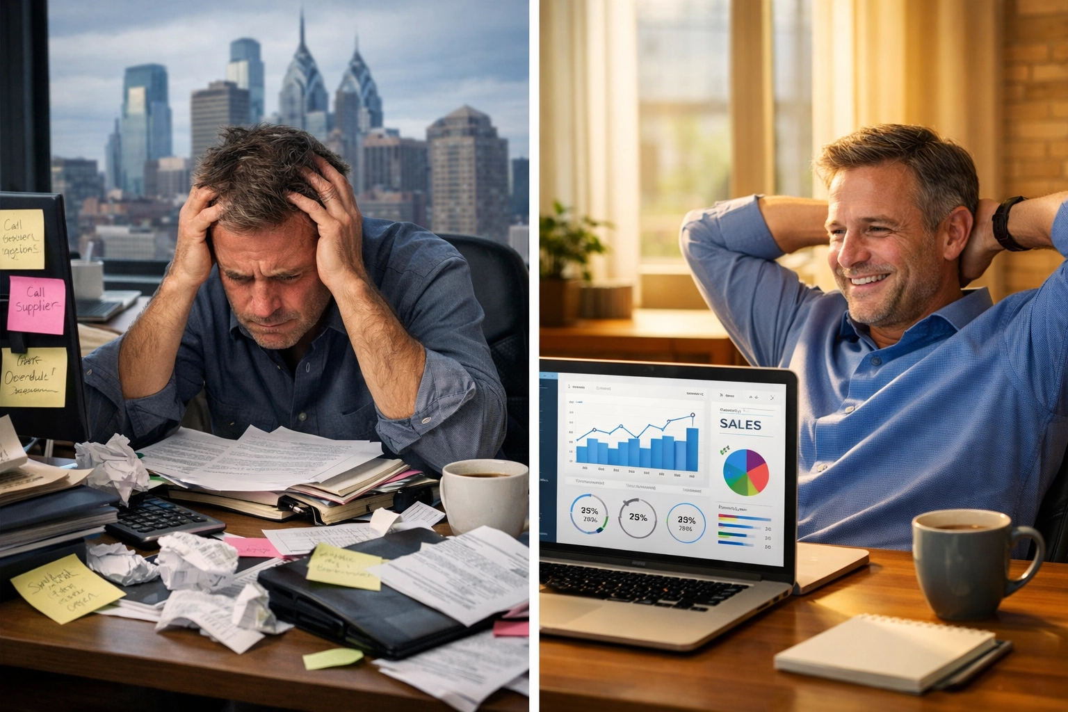 Philadelphia business owner comparing cluttered paper forms to streamlined digital dashboard