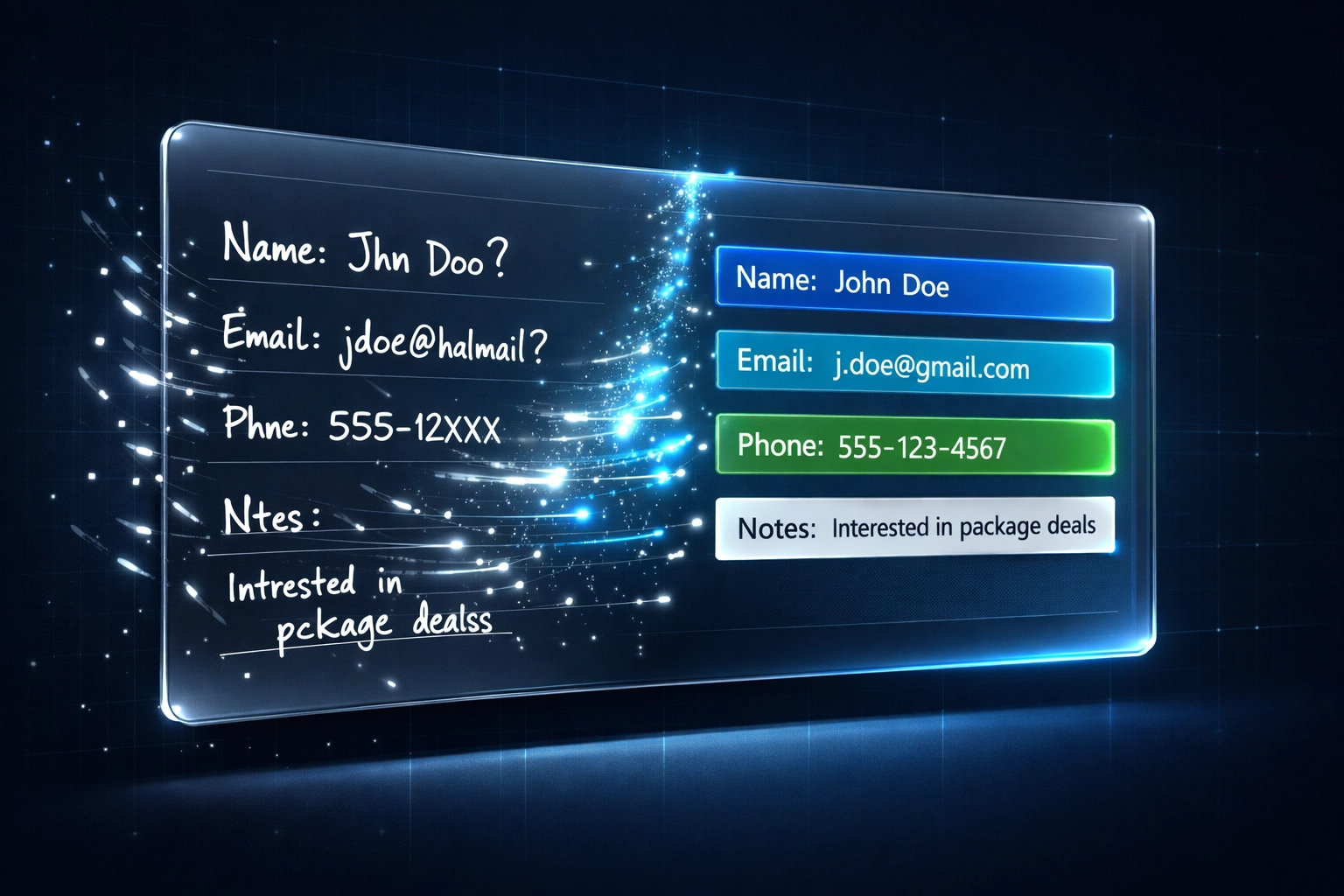 AI intake form transforming messy lead data into organized, structured information blocks