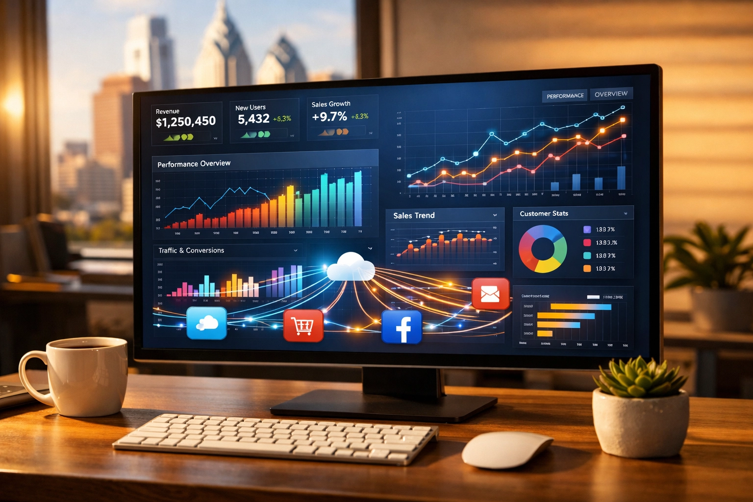 Business analytics dashboard displaying website metrics and performance data