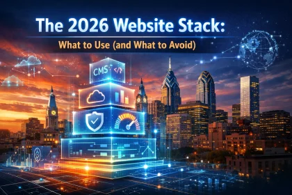 2026 website stack technology guide in cityscape background