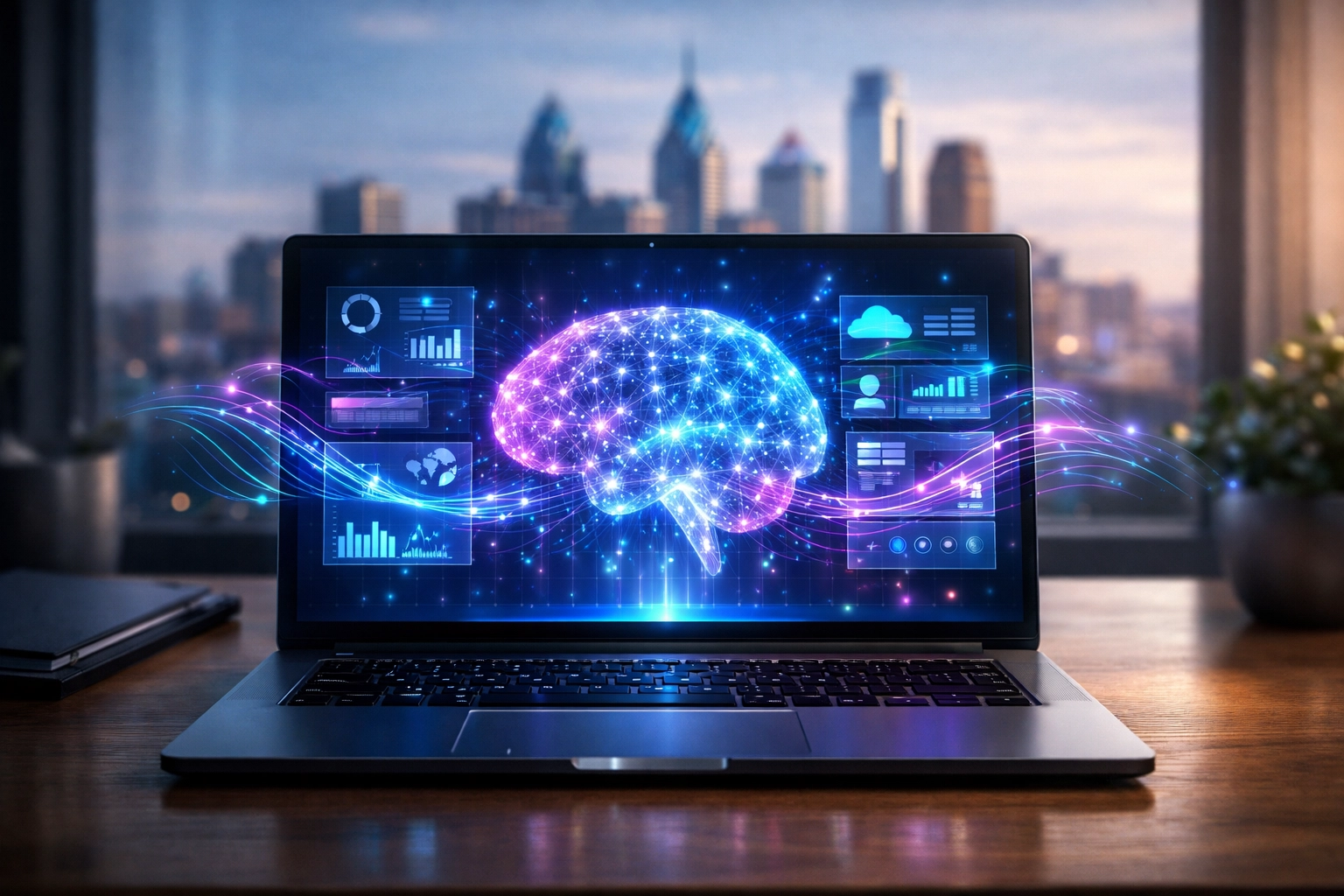 AI-powered website interface with holographic data streams on laptop in Philadelphia office