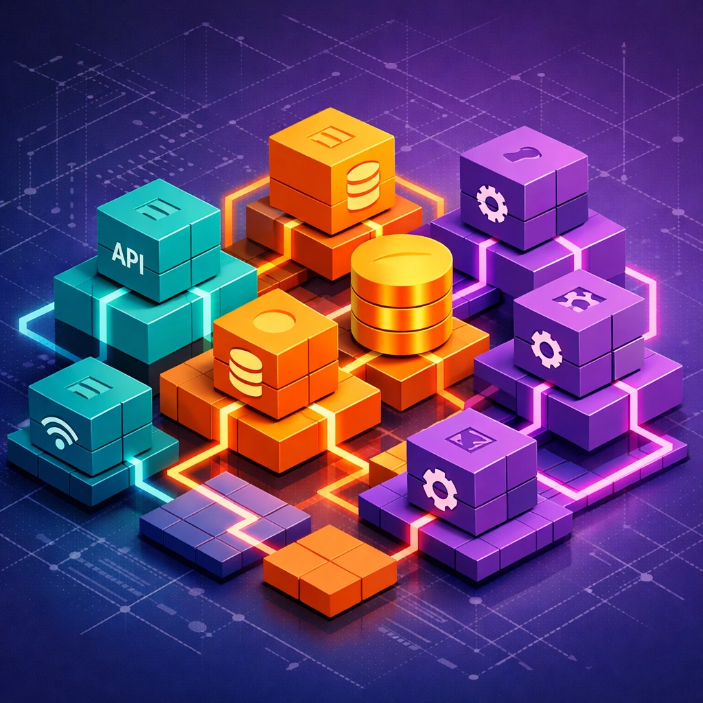 Modular backend architecture showing APIs, databases, and microservices for scalable websites