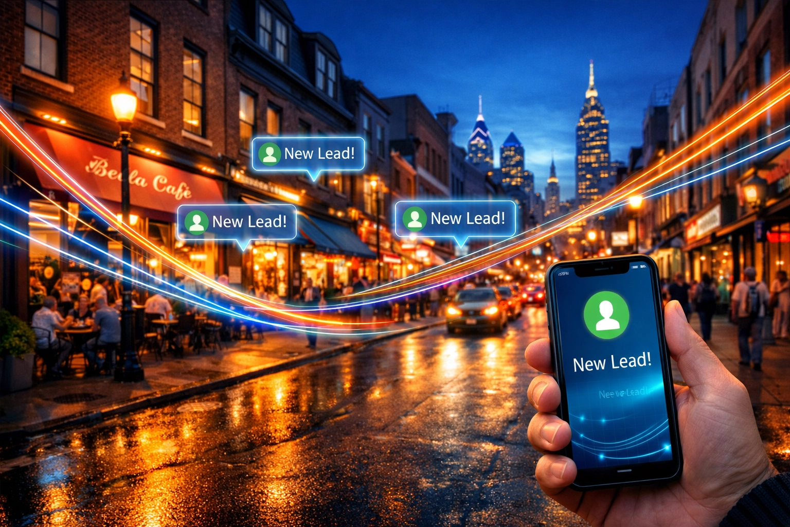 Real-time lead notifications appearing on a smartphone over a busy Philadelphia business street.
