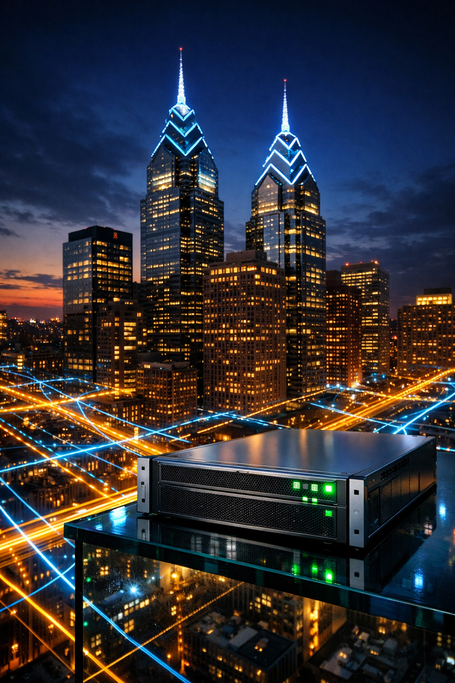 Secure high-speed website hosting with a glowing data network over the Philadelphia skyline.