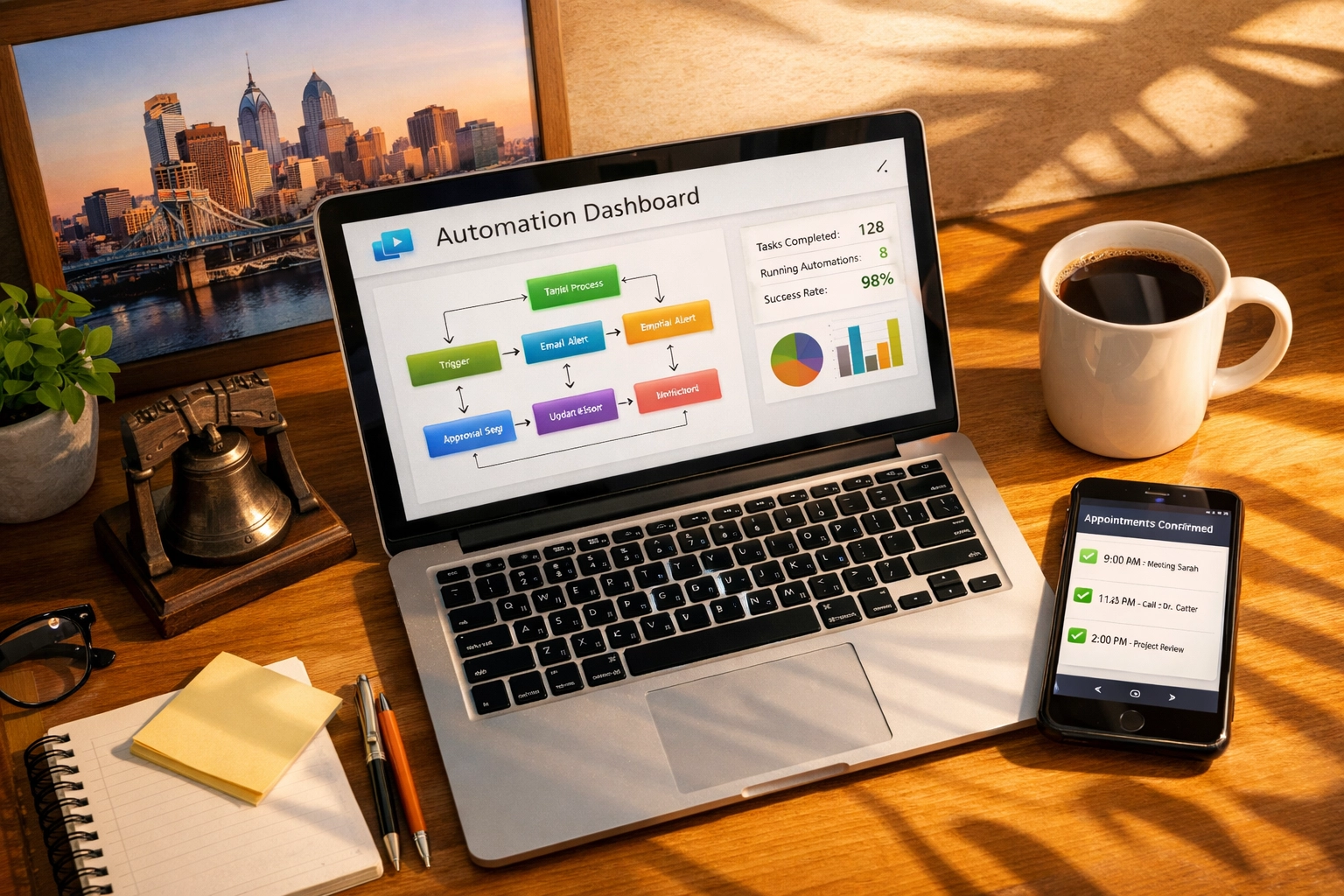 Clean workspace with automation dashboard showing workflow efficiency and time savings