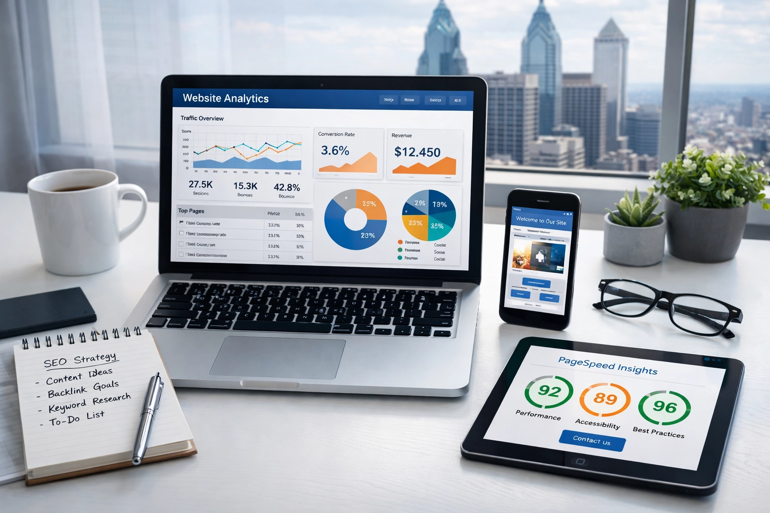 Website performance audit workspace with analytics dashboard and mobile testing tools