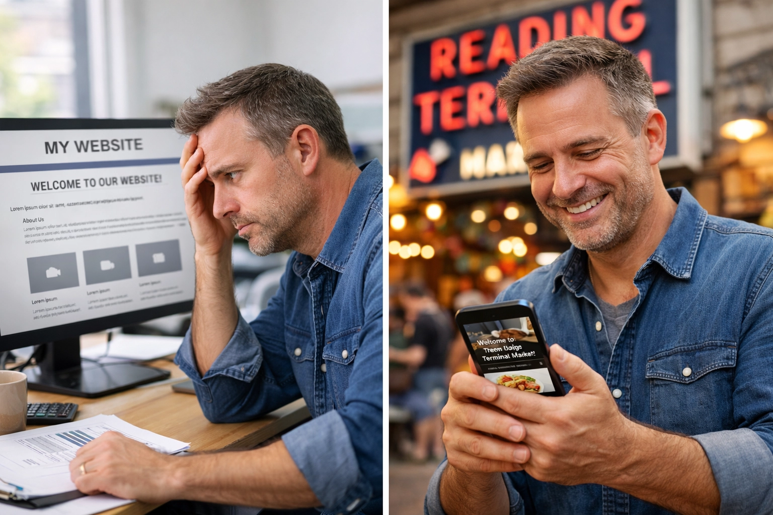 Business owner using mobile-first website design on smartphone in Philadelphia