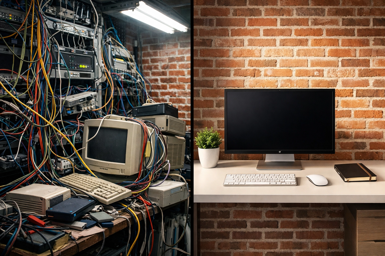 Comparison of cluttered tech setup versus clean organized website development workspace
