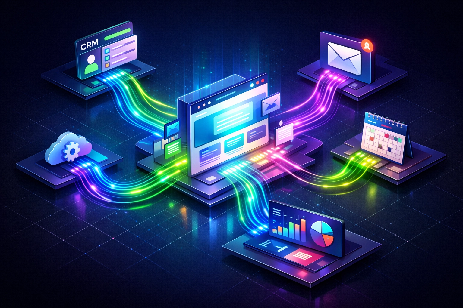 Website integration ecosystem connecting CRM, email platforms, and business tools through APIs