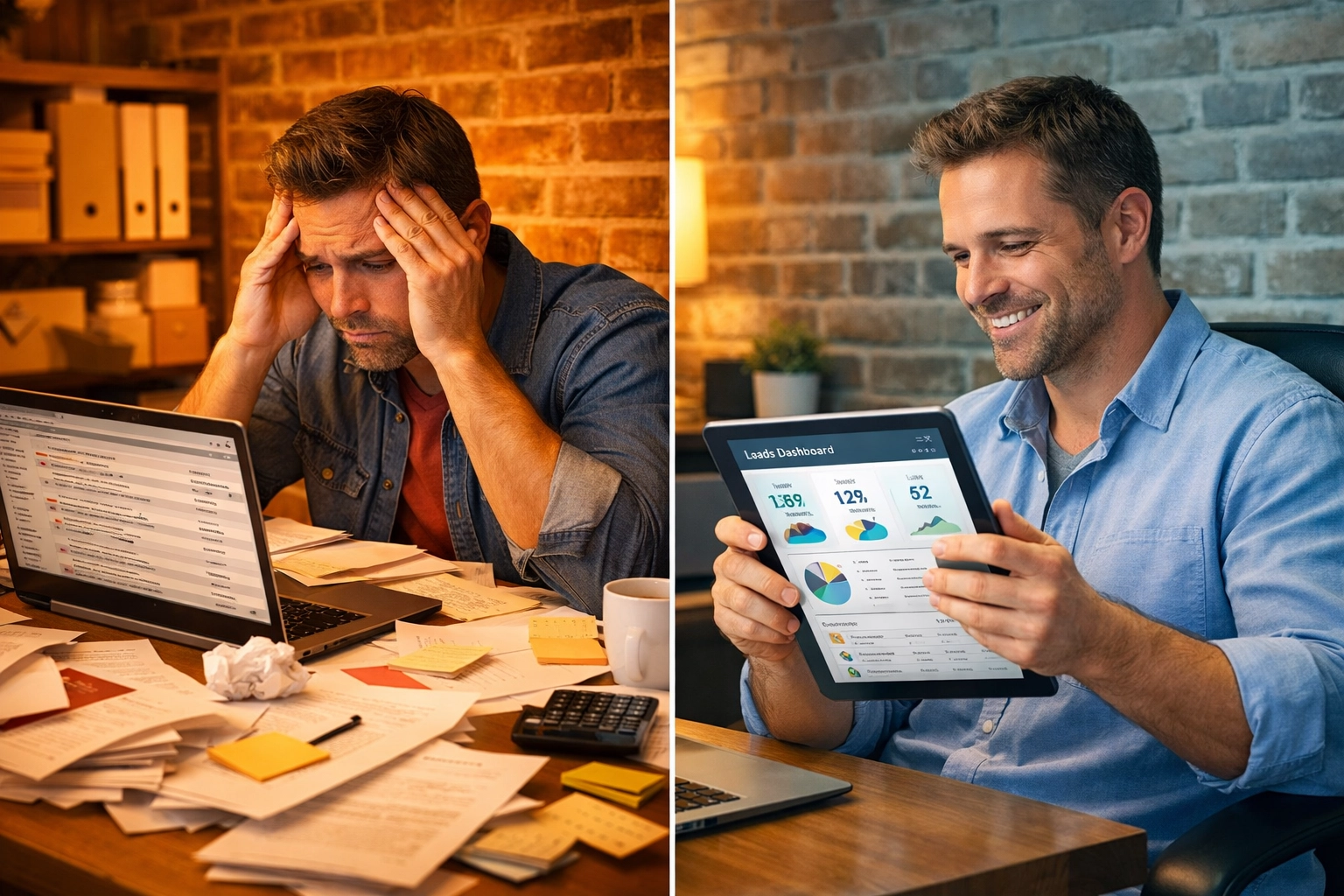 Business owner comparing cluttered manual data entry with clean automated CRM dashboard
