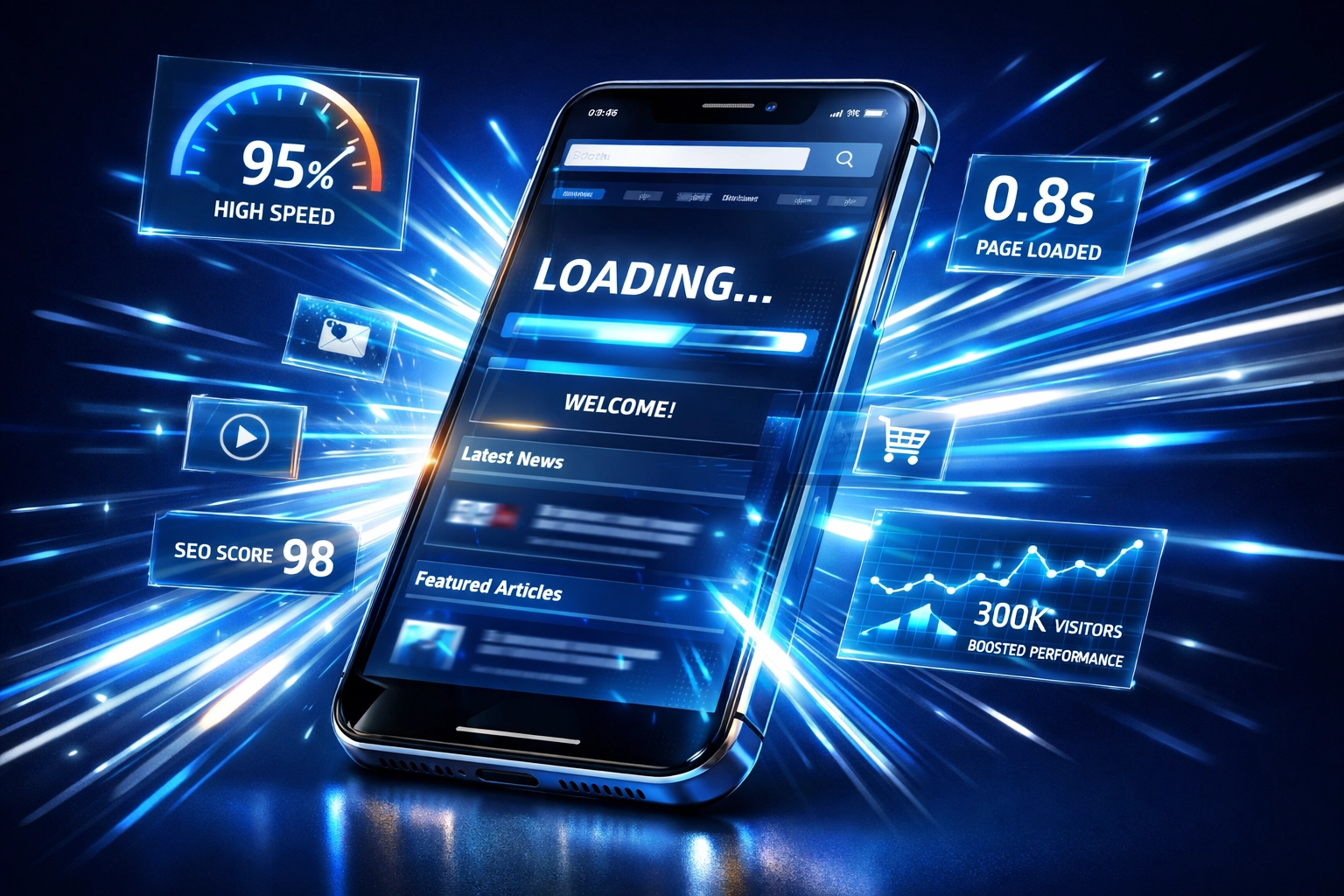 Fast loading website on mobile phone with speed indicators showing optimal performance
