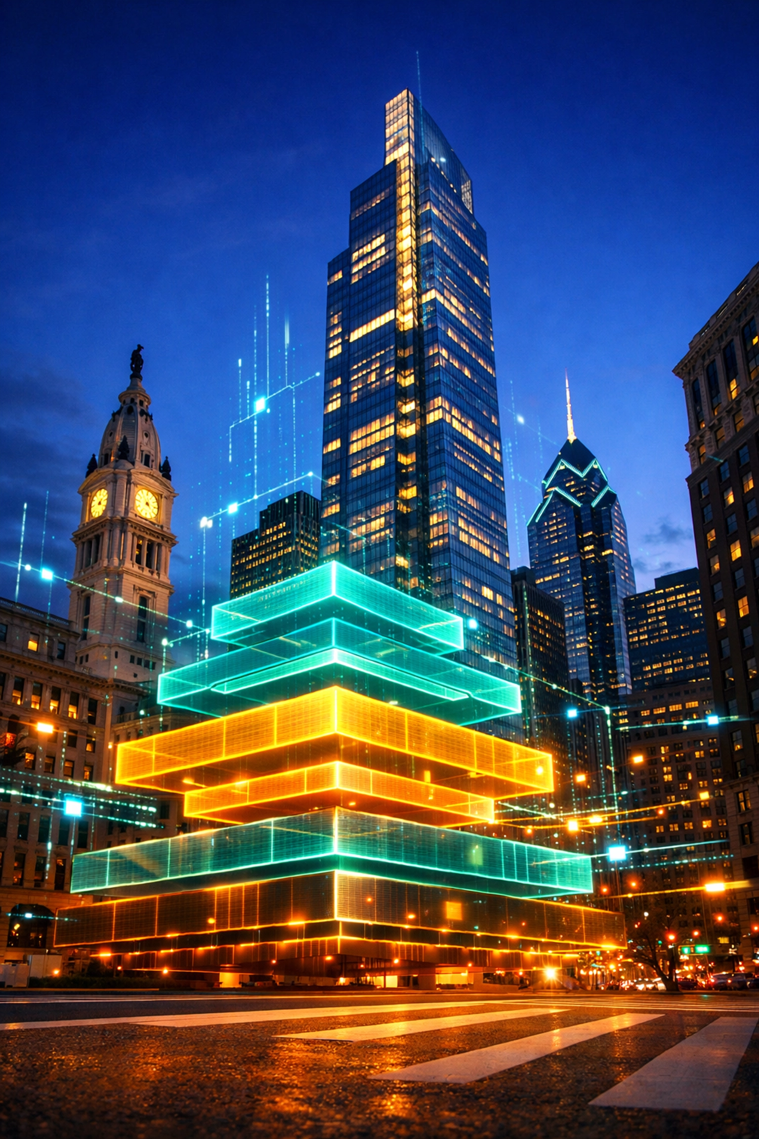 Philadelphia skyline with digital tech stack overlays representing modern web design and AI integration.