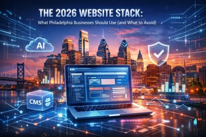 Laptop displaying web stack technology in Philadelphia skyline
