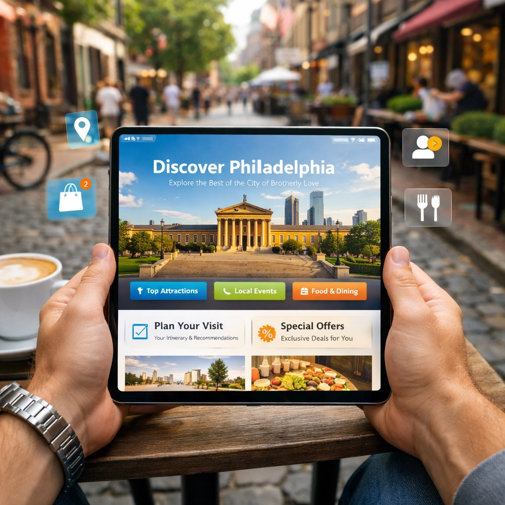 Local Philadelphia professional viewing a personalized website with geographic customer tags on a tablet.