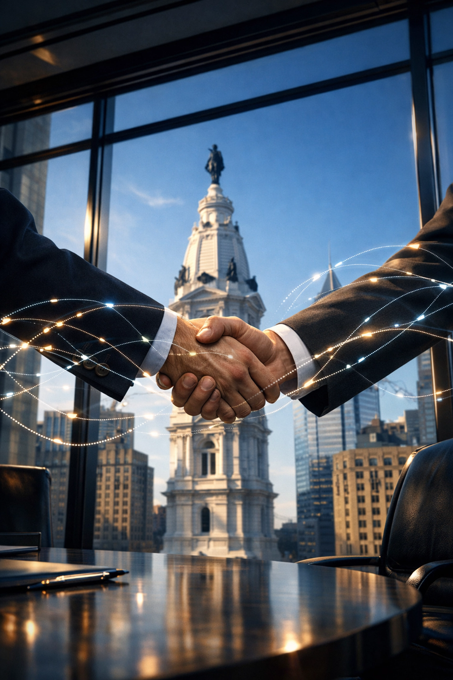 Philadelphia business partners shaking hands in Center City representing AI-driven growth and web design.