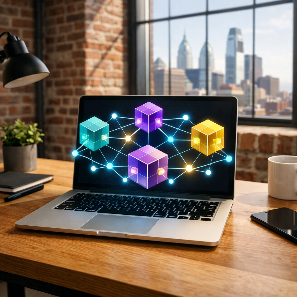 Laptop displaying a composable website tech stack visualization in a modern Philadelphia workspace.