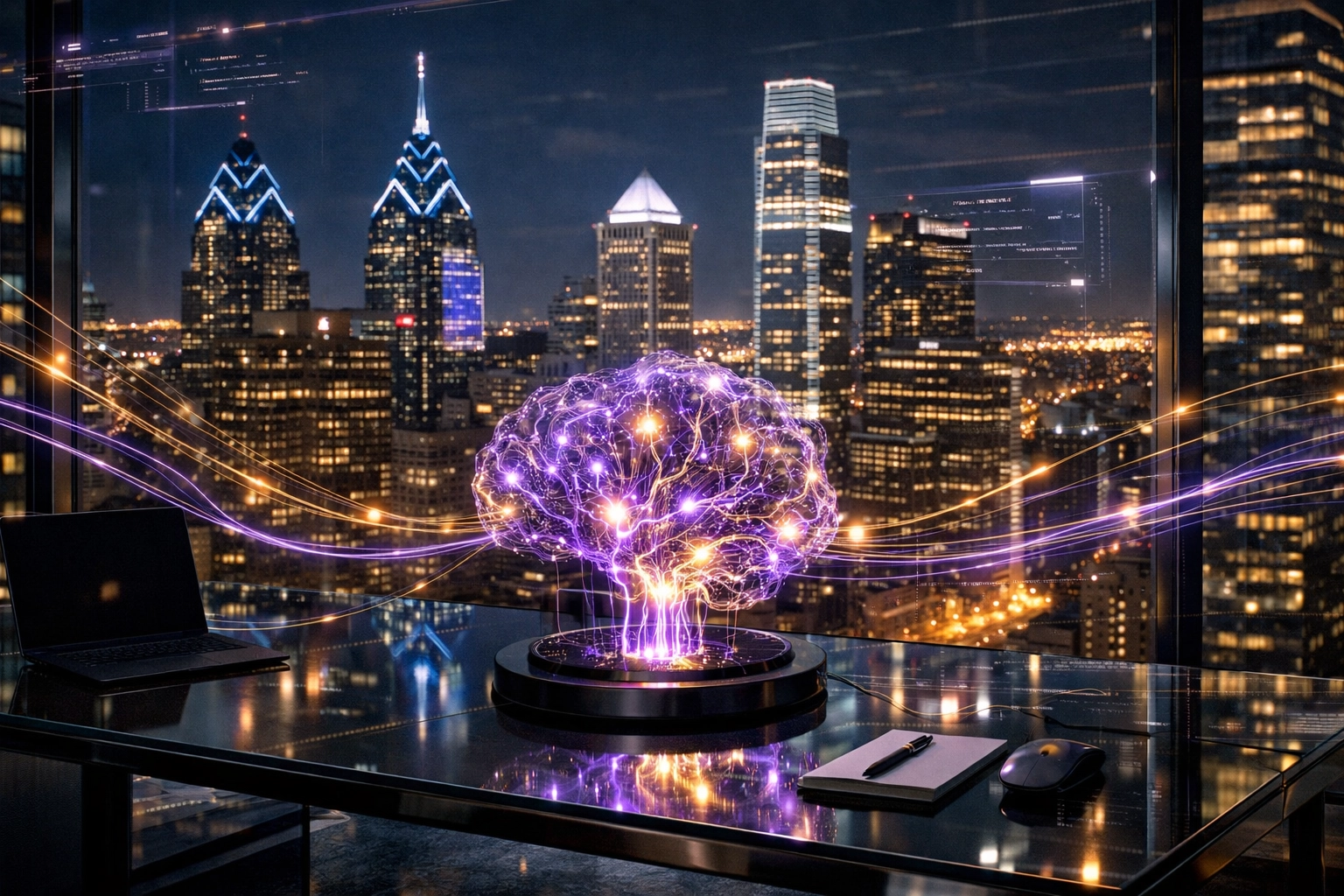 Custom AI integration overlooking the Philadelphia skyline, ensuring high performance for local businesses.