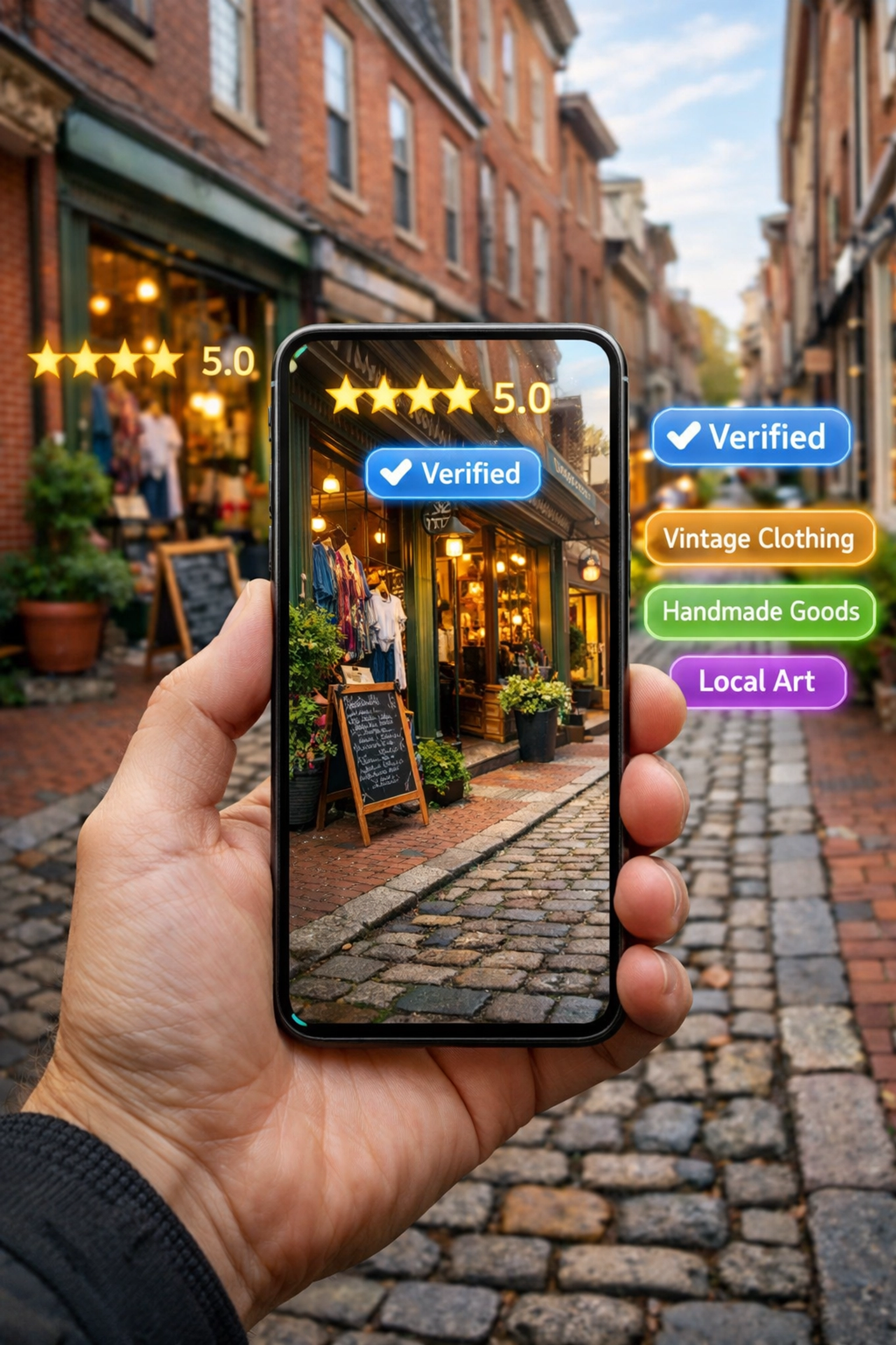 Smartphone showing AR business ratings and verified status for a boutique in Old City Philadelphia.