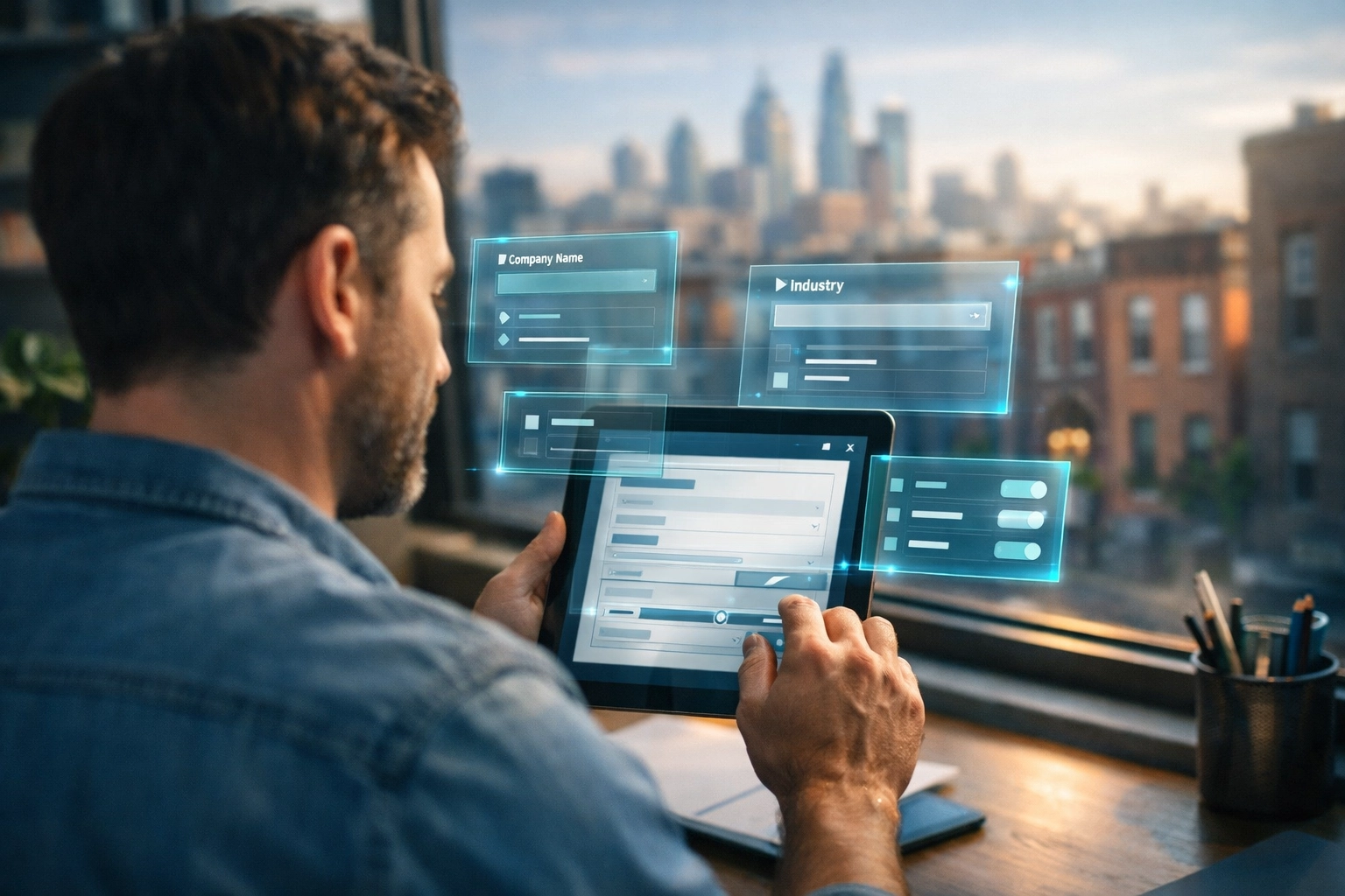 Philly business owner using a tablet with a smart AI intake form to qualify website leads in real-time.