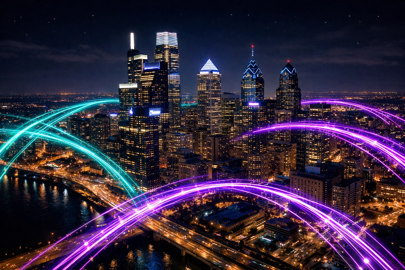 Digital data streams flowing over the Philadelphia skyline representing real-time CRM and website synchronization.