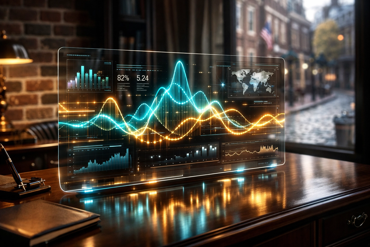 Digital interface in a Philadelphia office displaying adaptive data streams from AI intake forms.