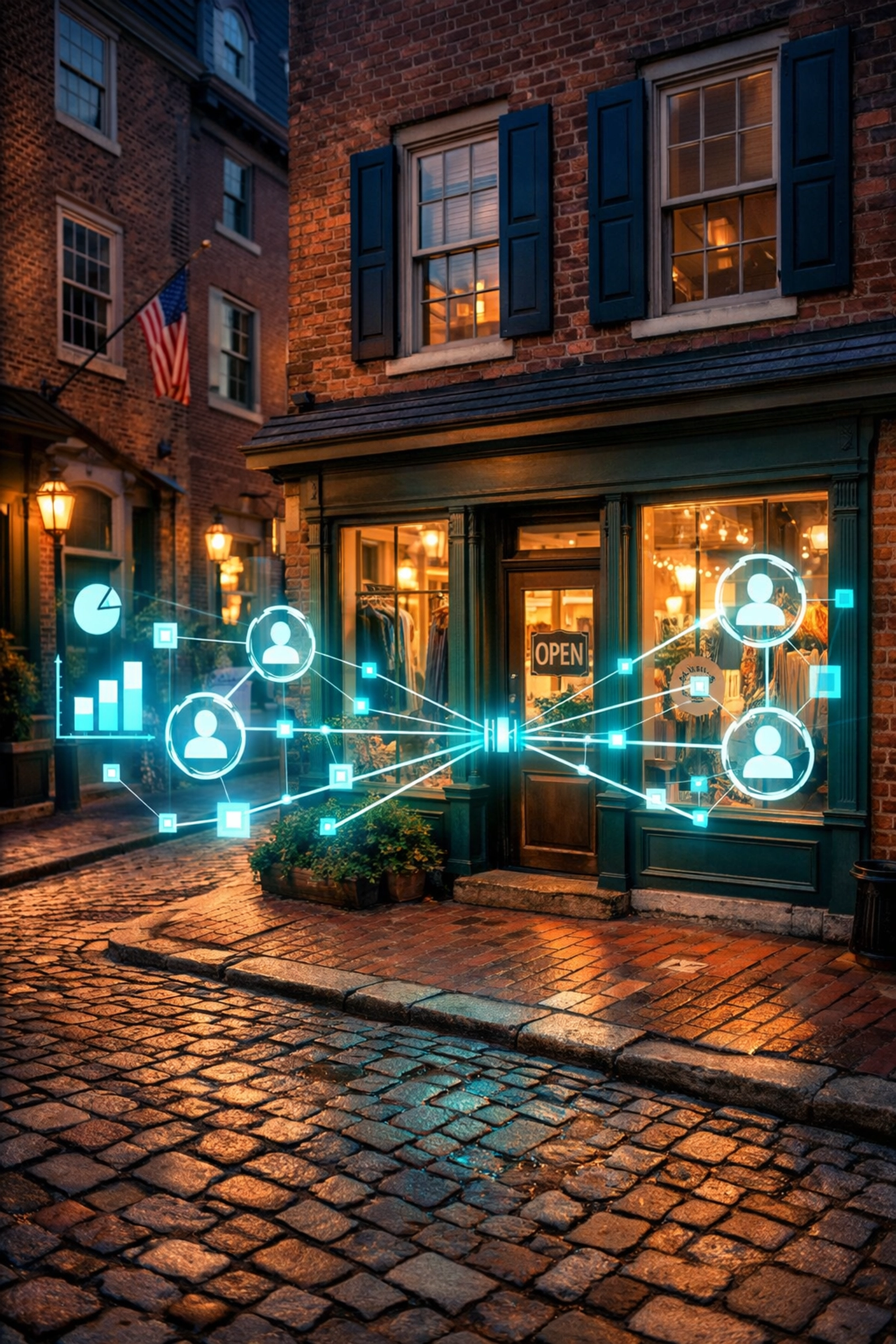 Digital CRM data connecting to a local boutique shop in Philadelphia's Old City.
