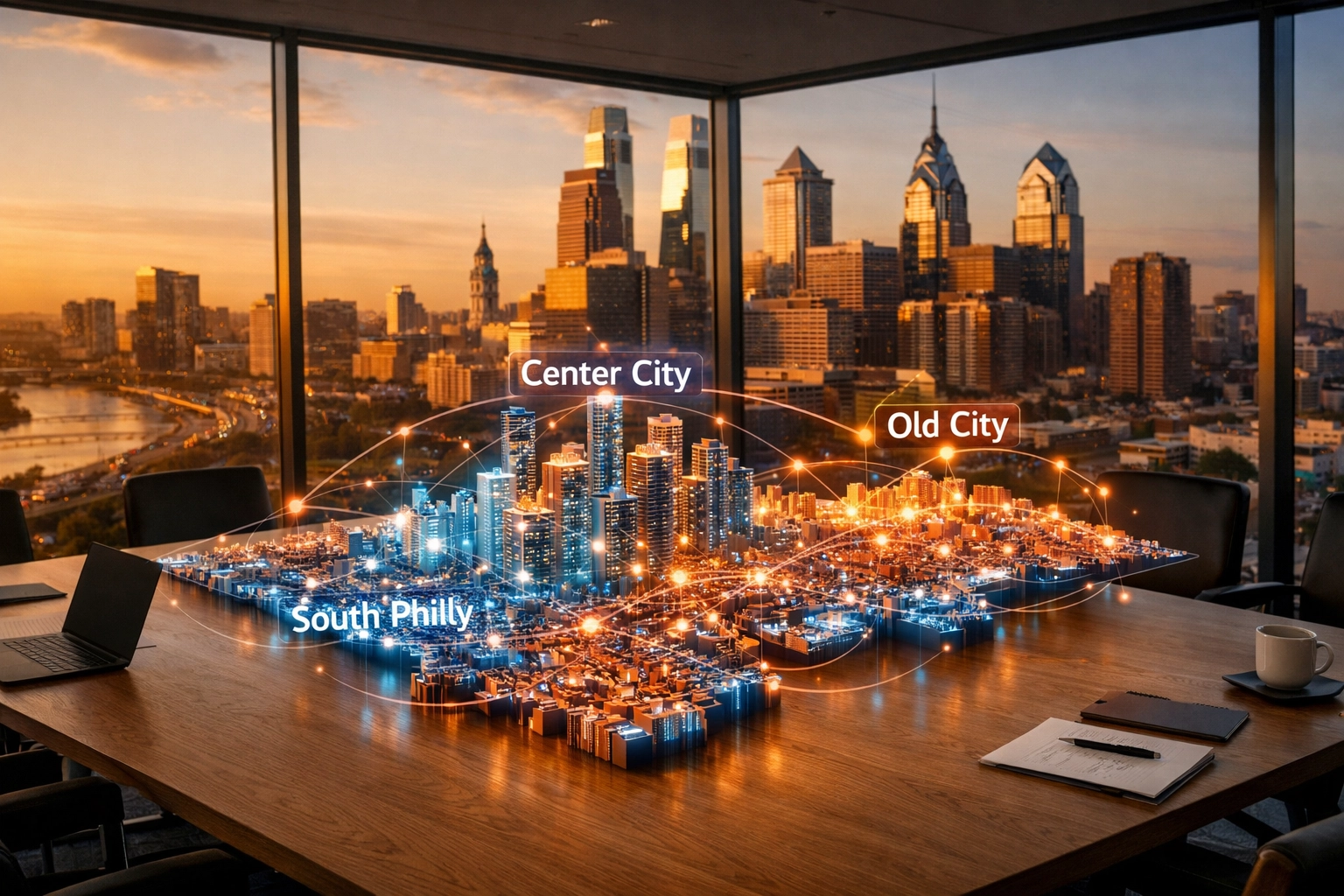 Philadelphia business growth map in a University City office showcasing local market AI strategy.