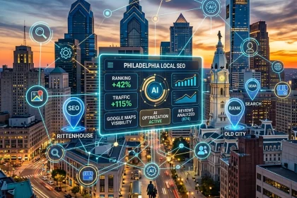 Philadelphia skyline with AI local SEO analytics overlay