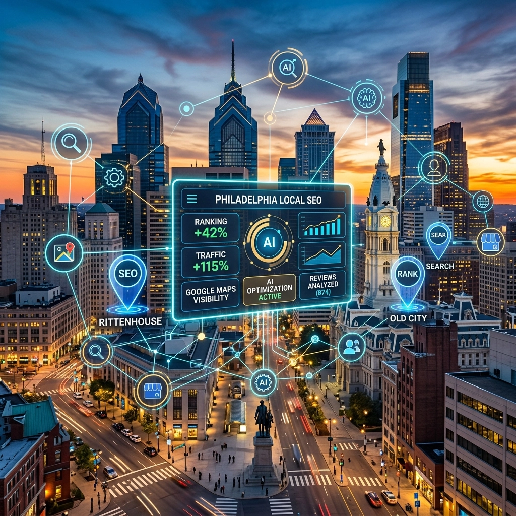 Philadelphia skyline with AI local SEO analytics overlay