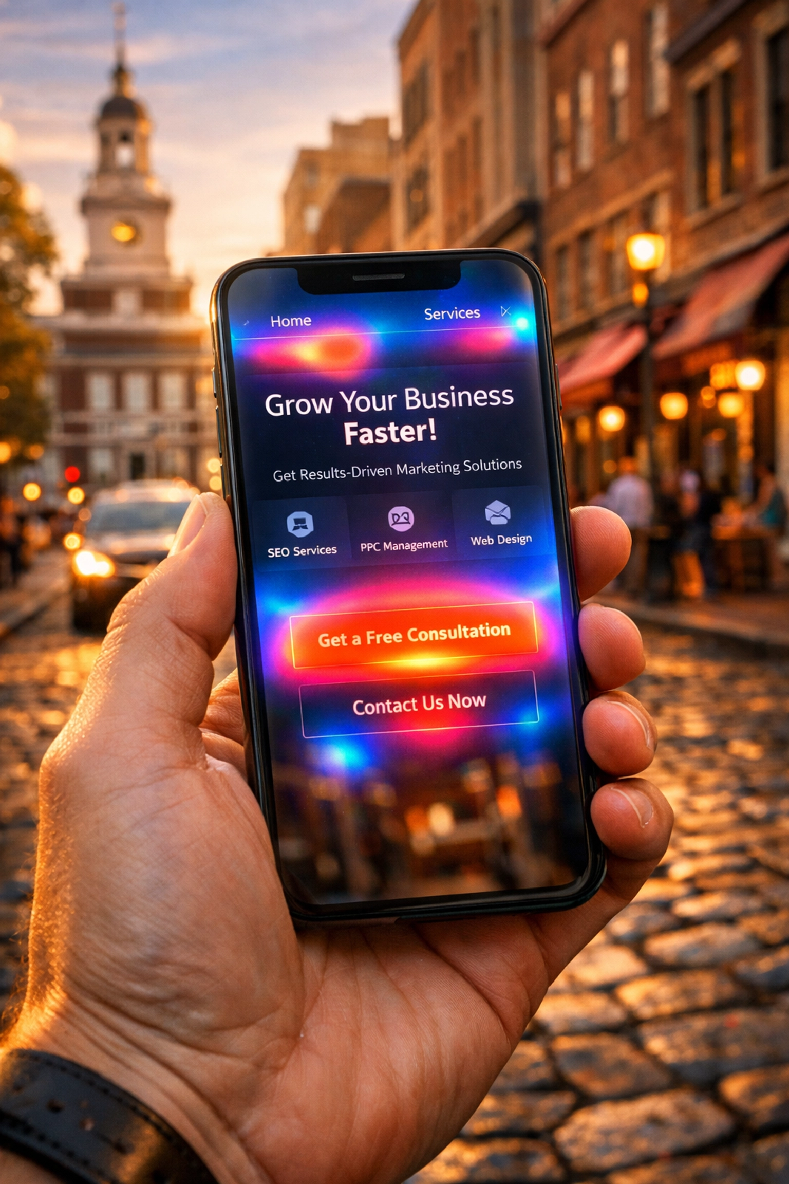 Mobile website heatmap showing optimized button placement for Philadelphia business conversions.