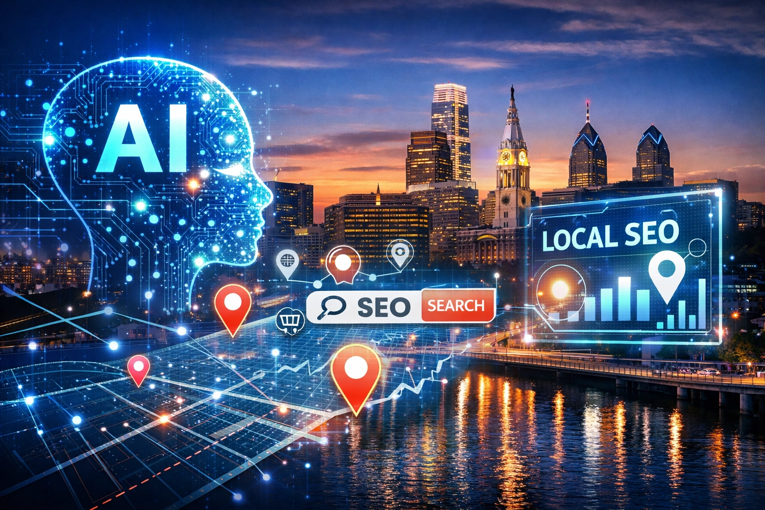AI technology enhancing local SEO in cityscape