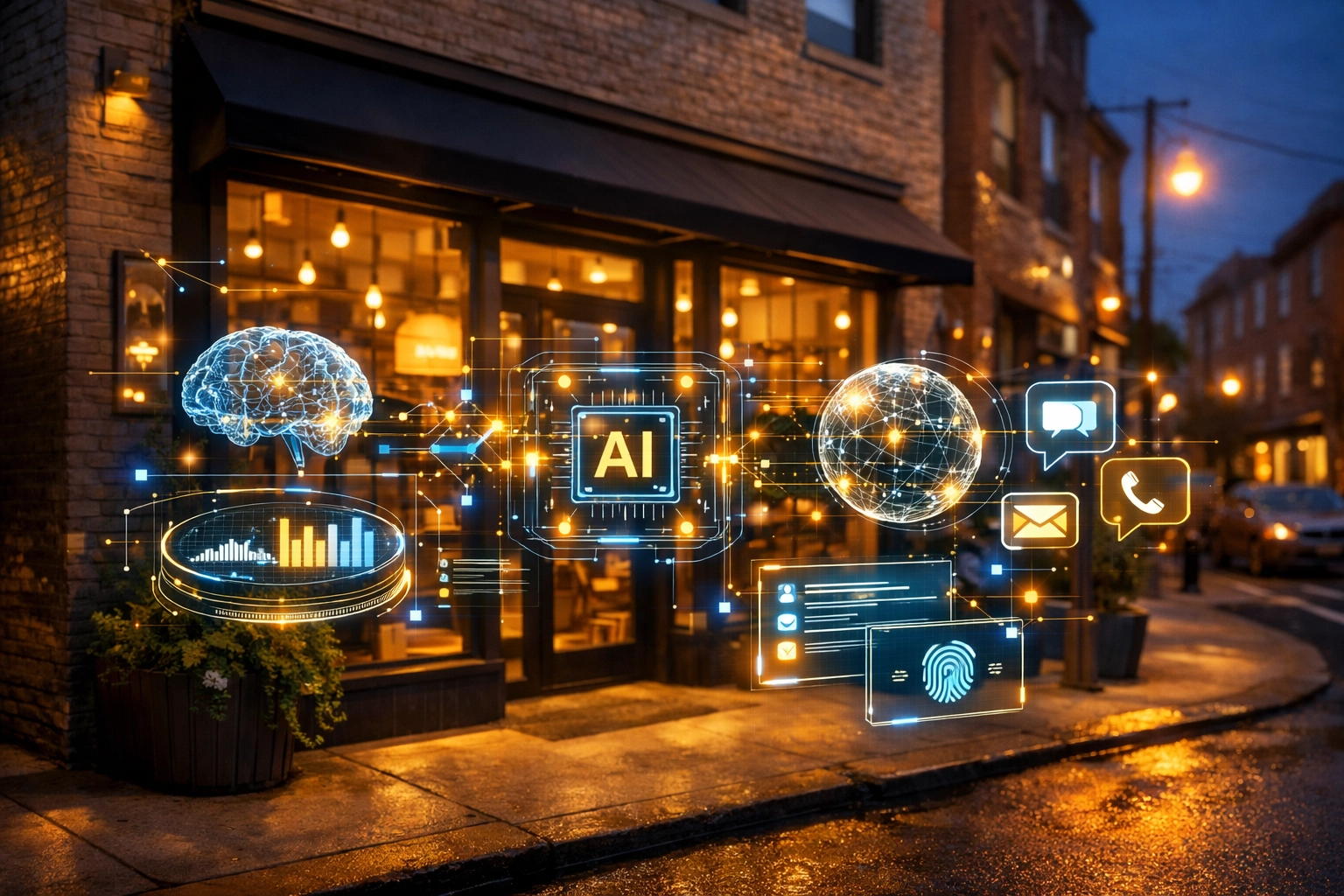 Philadelphia storefront with AI overlays showing a smart 2026 website stack for local businesses