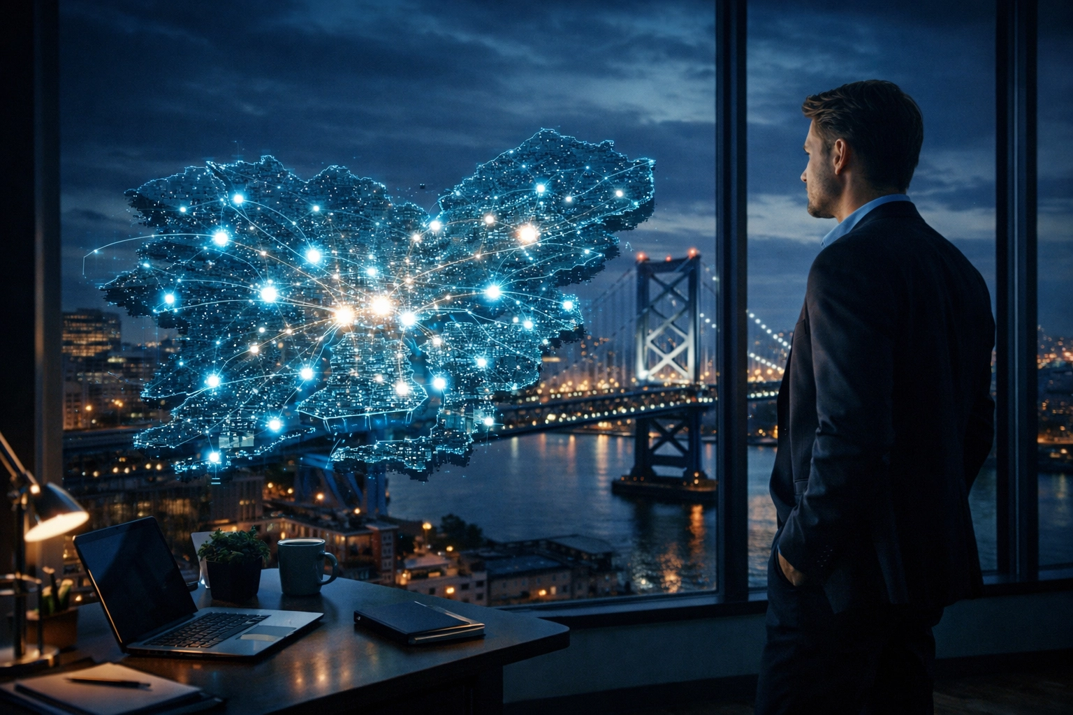 Business professional viewing a digital map of Philadelphia to plan an advanced local SEO strategy and tech stack.
