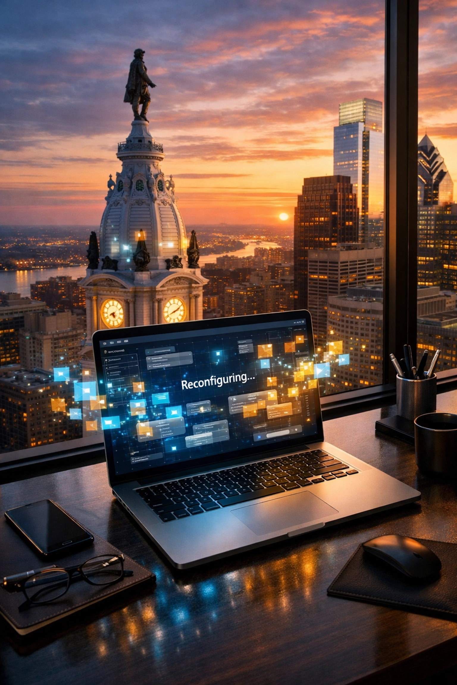 AI-driven web design interface reconfiguring on a laptop in a Center City Philadelphia office overlooking City Hall.