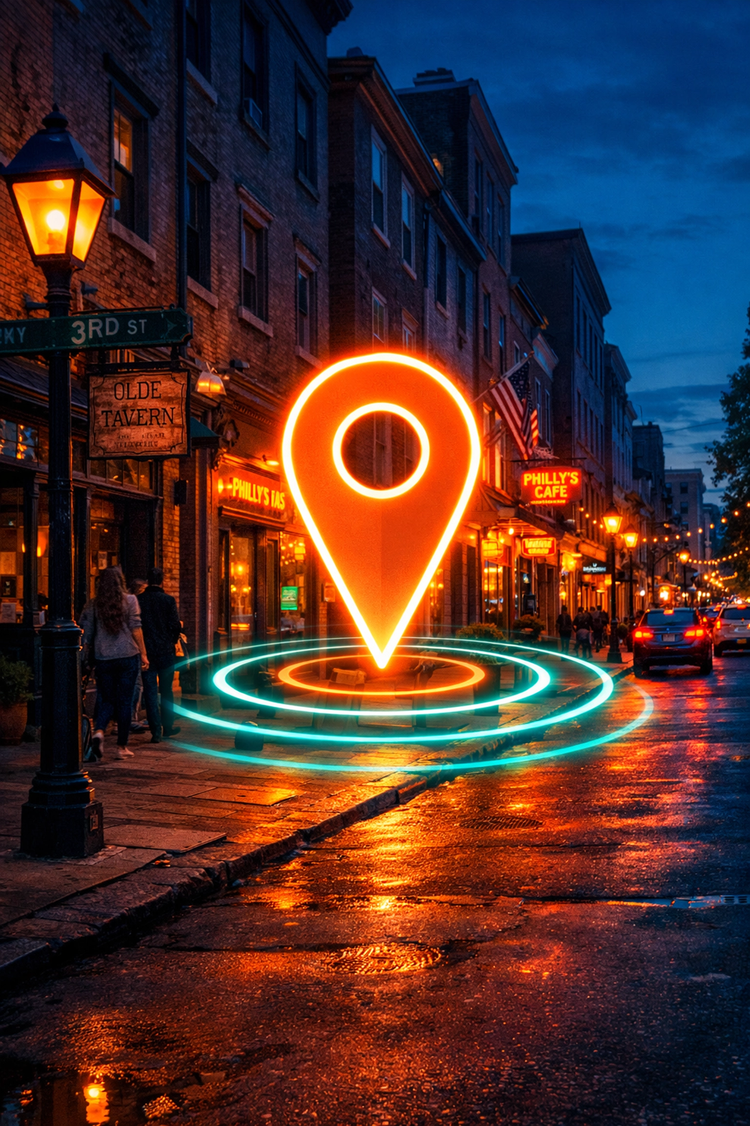 Digital map marker over a Philadelphia street illustrating local SEO and business visibility for the Map Pack.