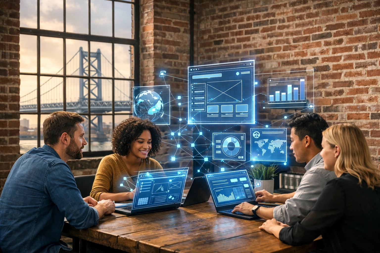 Philadelphia business team using AI web design tools in a modern office with bridge view.